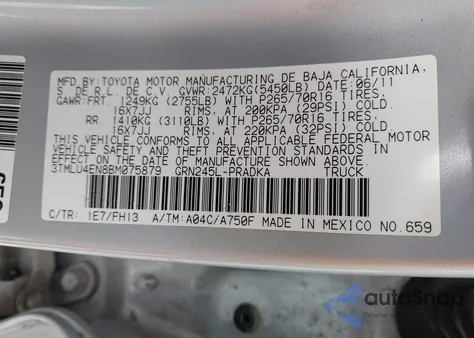 2011 Toyota Tacoma Base V6 из США, поврежденный, VIN 3TMLU4EN8BM075879